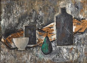 Still life with bottle, pear and newspapers