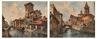 Vedute dei Navigli a Milano, coppia di oli su legno