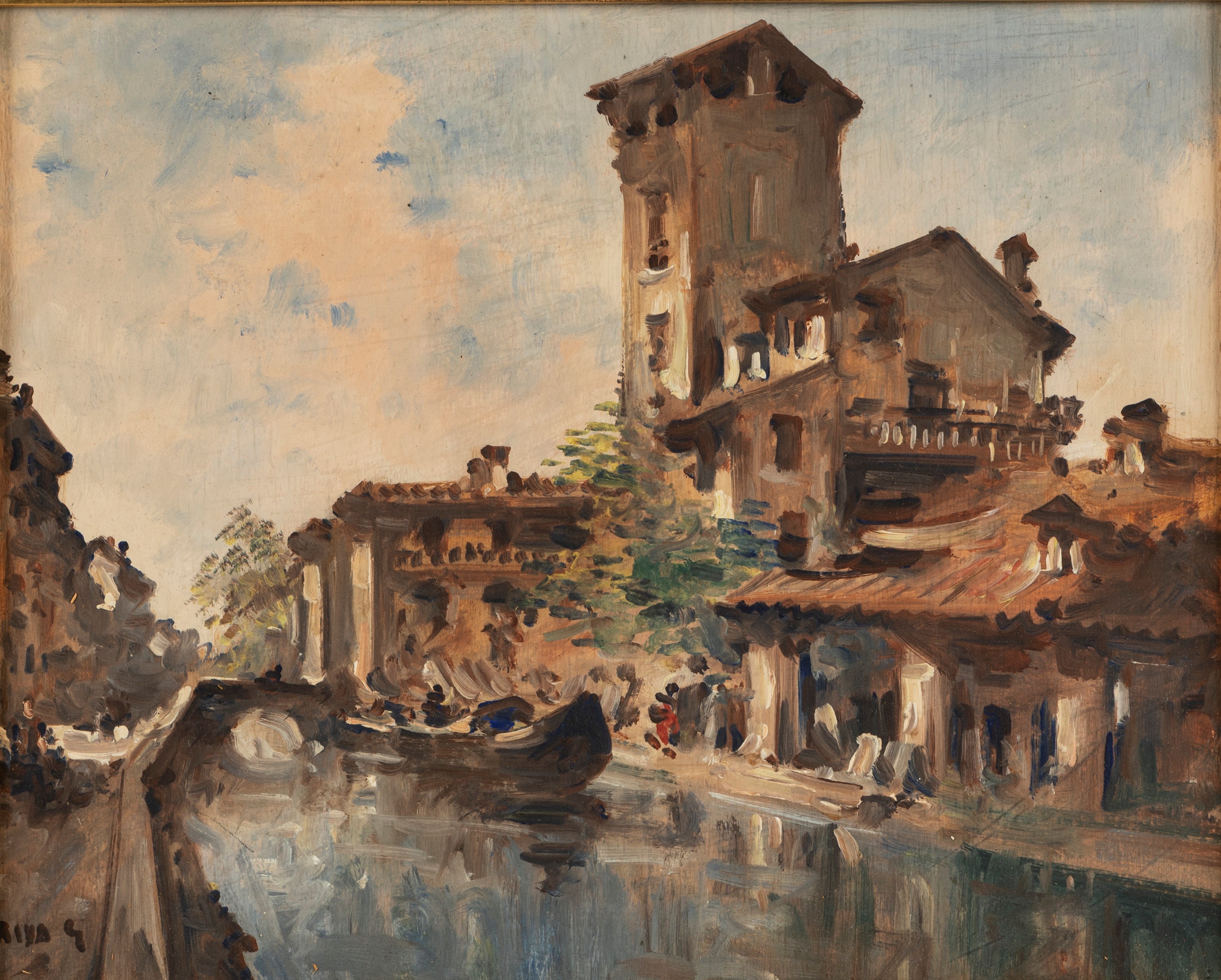 Giovanni Riva - Vedute dei Navigli a Milano, coppia di oli su legno