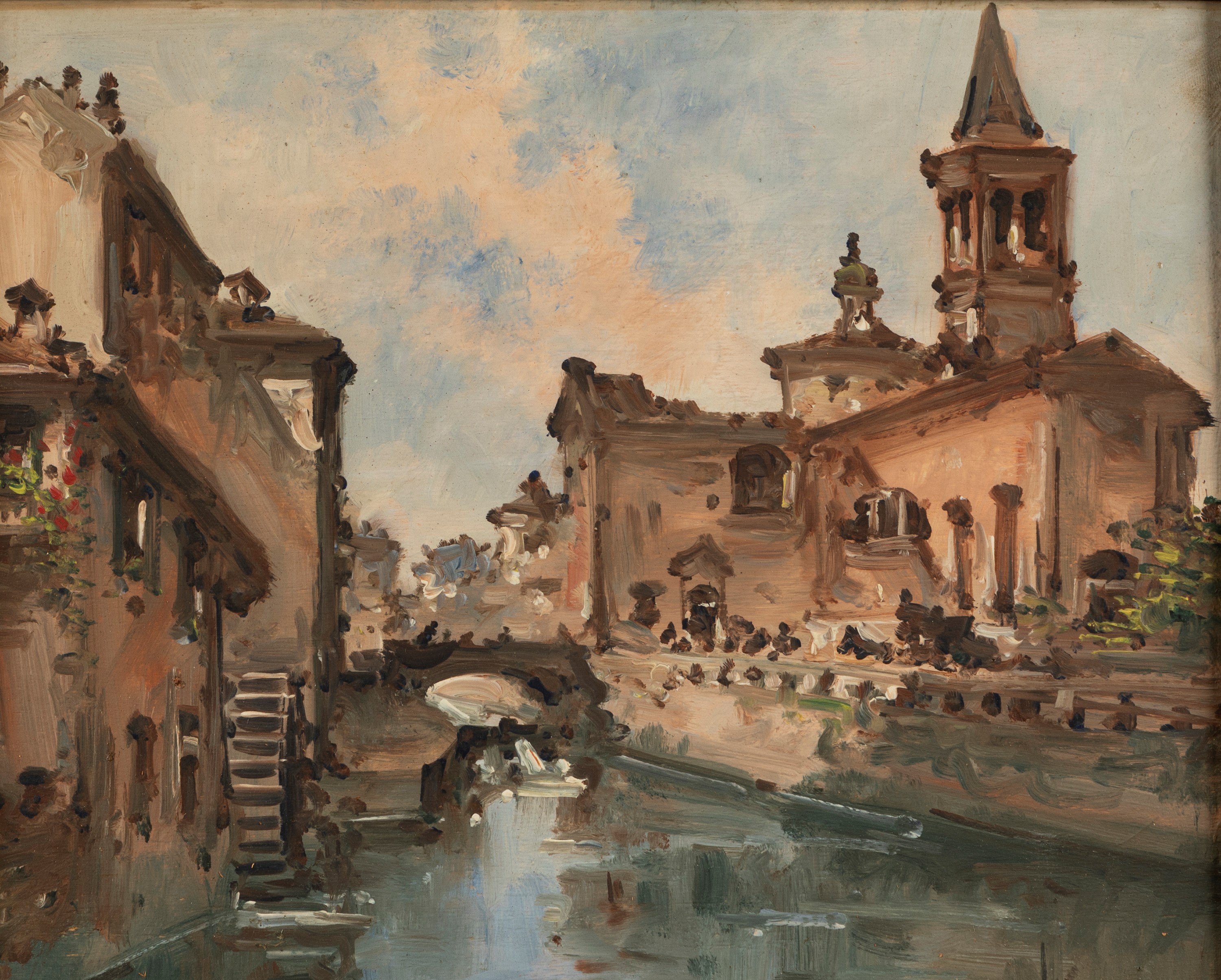 Giovanni Riva - Vedute dei Navigli a Milano, coppia di oli su legno