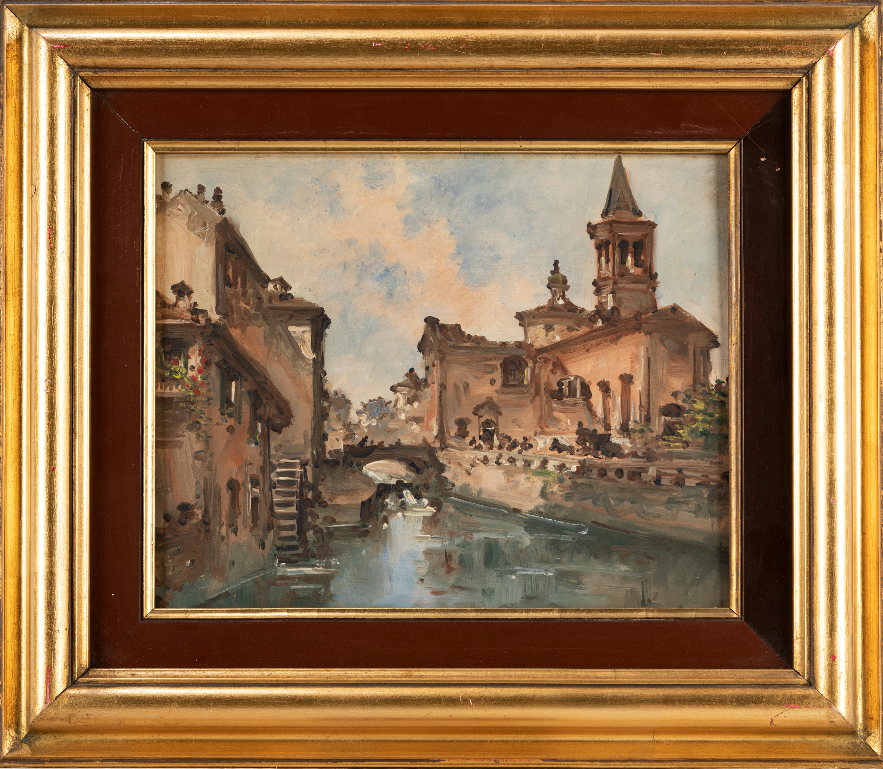 Giovanni Riva - Vedute dei Navigli a Milano, coppia di oli su legno