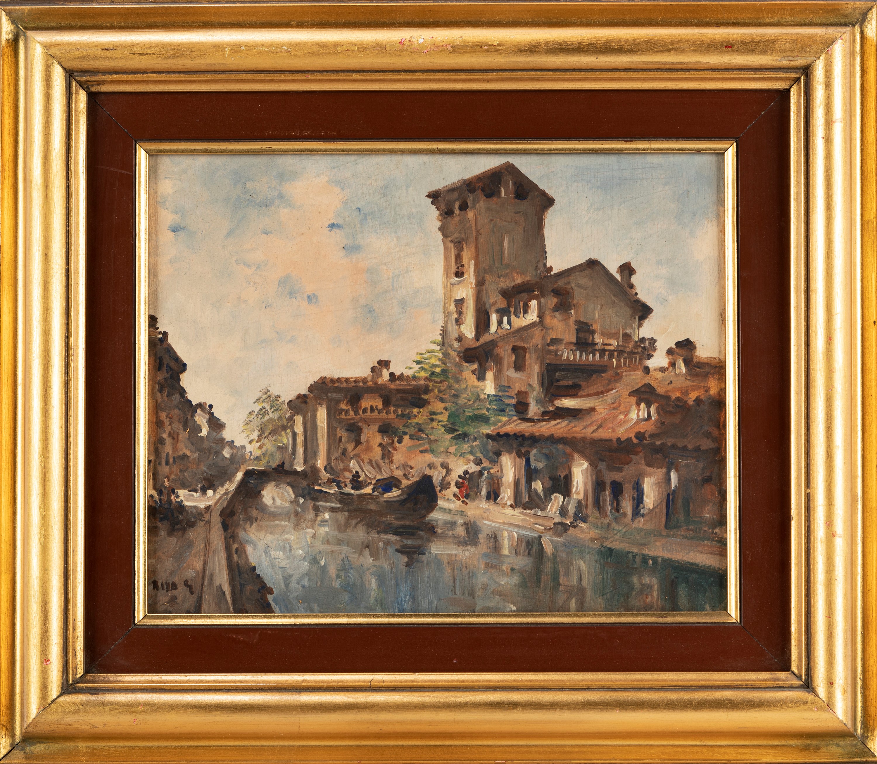 Giovanni Riva - Vedute dei Navigli a Milano, coppia di oli su legno