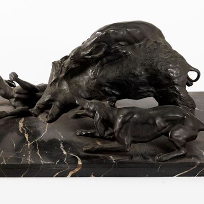 Scultura in Bronzo Raffigurante Scena di Caccia al Cinghiale, Inizi Secolo XX