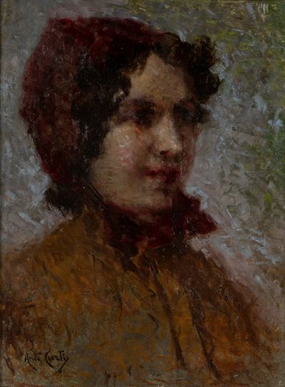 Ritratto di giovane donna con fazzoletto rosso, olio su tavola