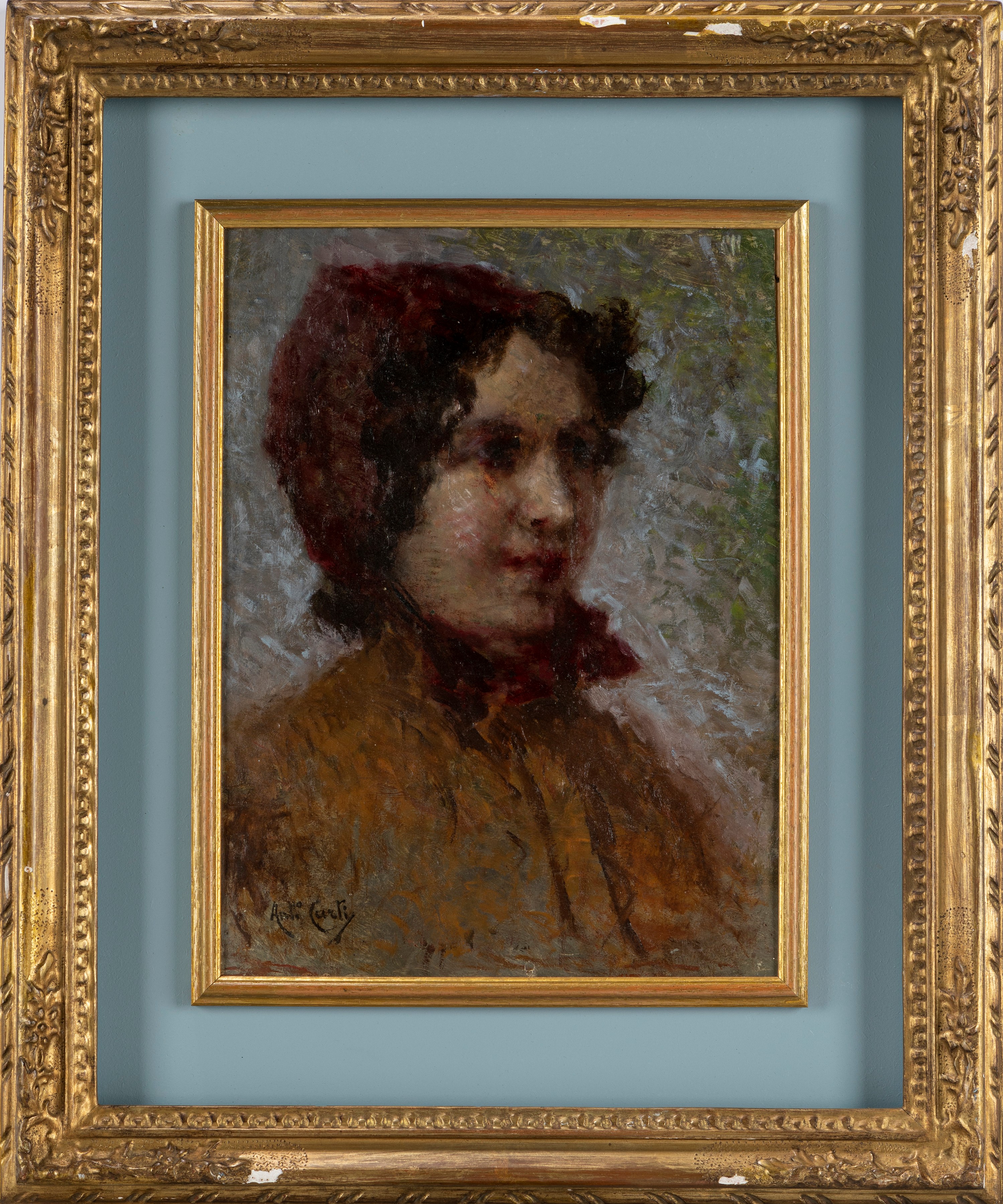 Antonio Curti - Ritratto di giovane donna con fazzoletto rosso, olio su tavola
