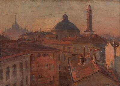 Tetti di Milano, olio su tavola
