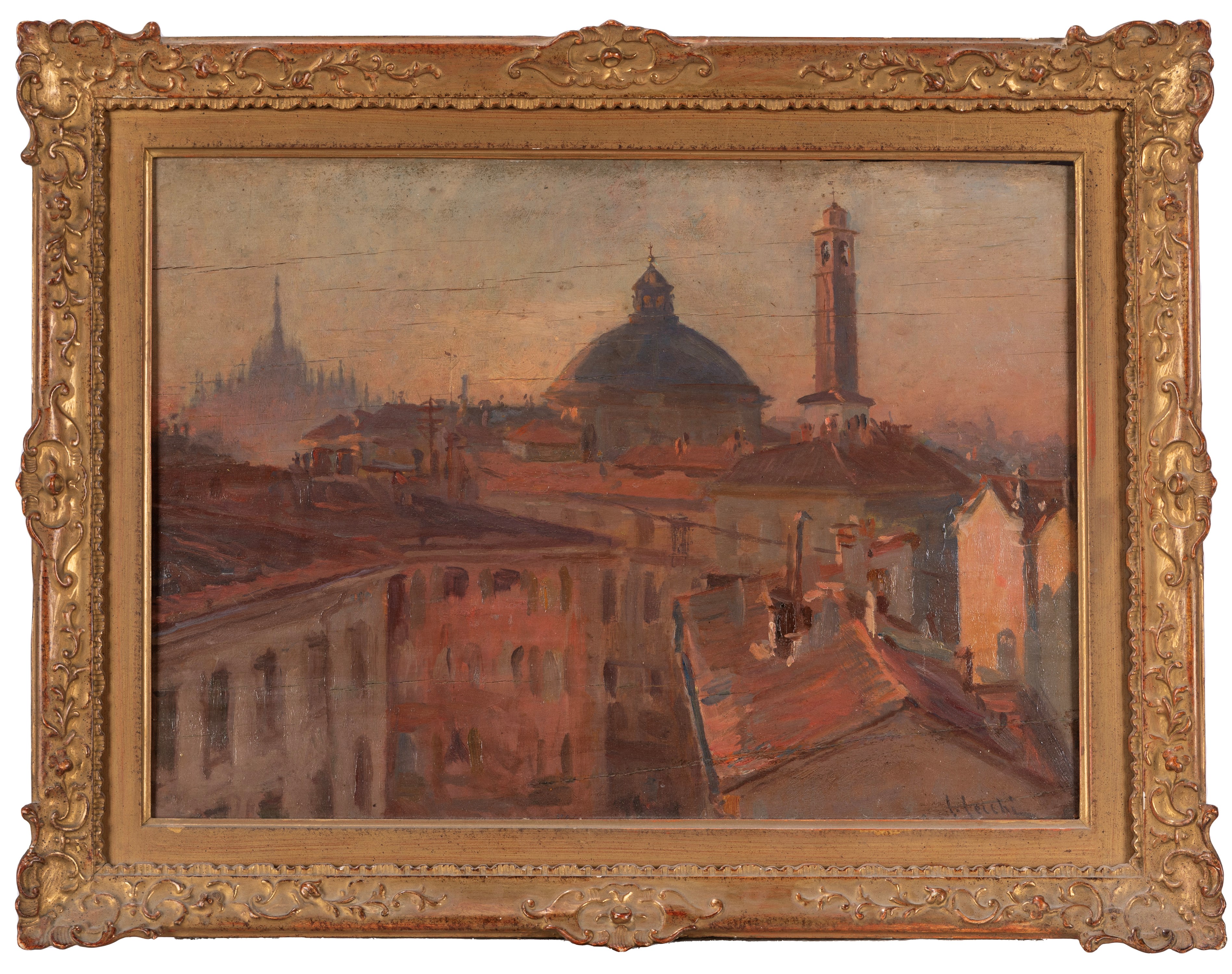 Lucio Lecchi - Tetti di Milano, olio su tavola