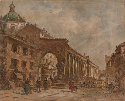 Milano, le Colonne di San Lorenzo, olio su masonite
