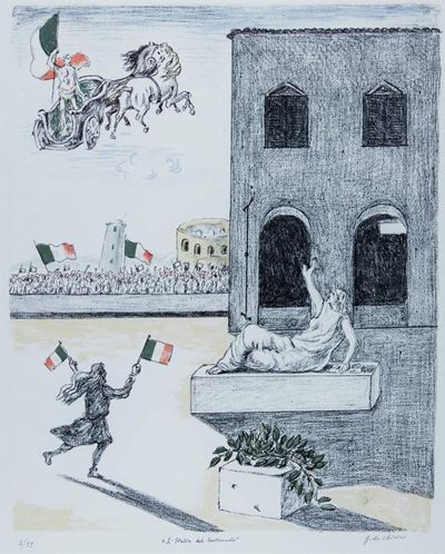 L’Italia del Centenario - Cartella con 3 litografie di Giorgio de Chirico, Bruno Cassinari e Rena...