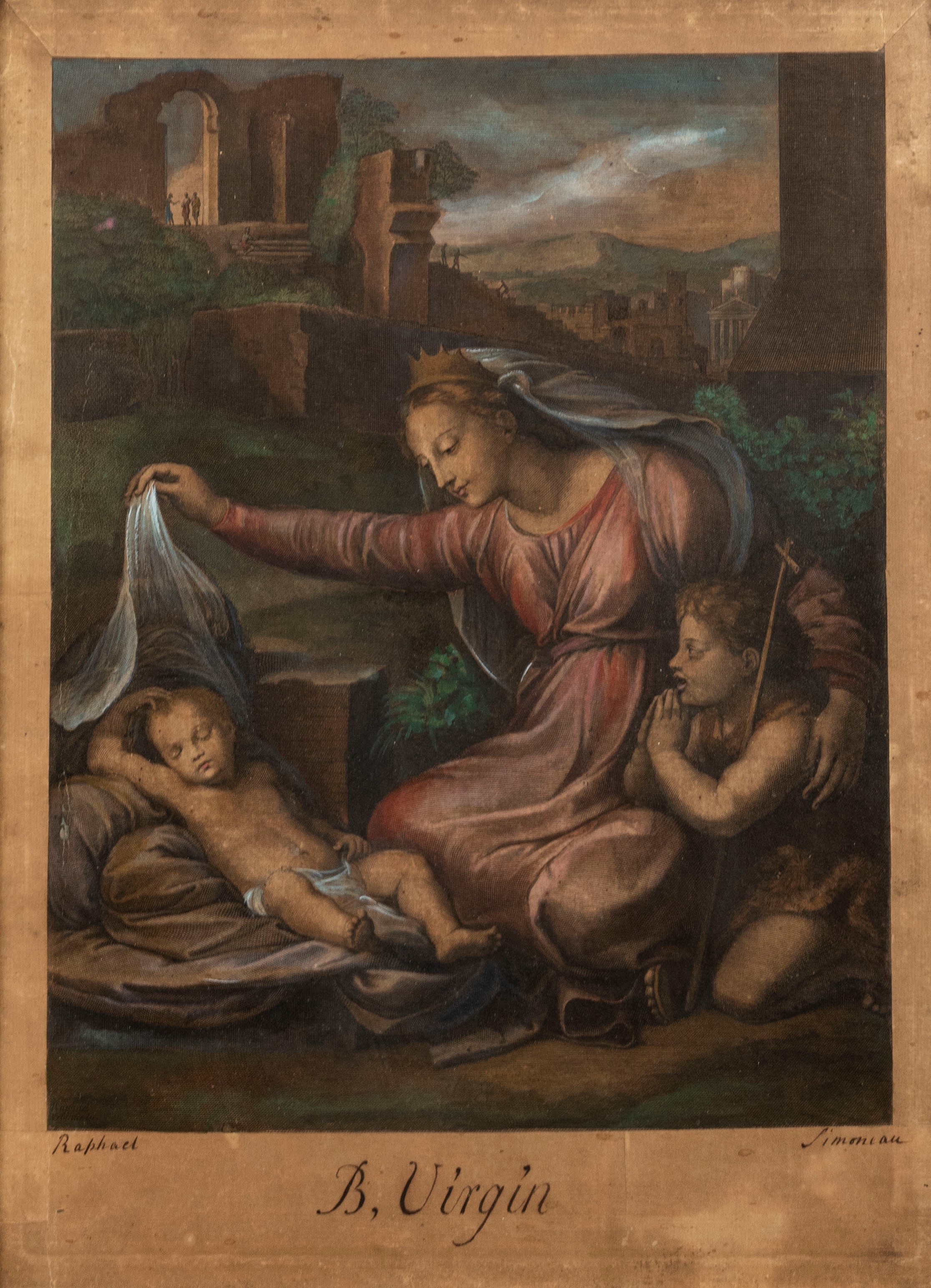 Acquaforte Raffigurante Madonna con Bambino e San Giovannino, da Raffaello