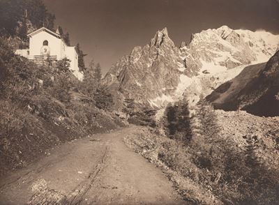 Courmayeur, Notre Dame de Guerison e Monte Bianco, stampa vintage alla gelatina ai sali d'argento