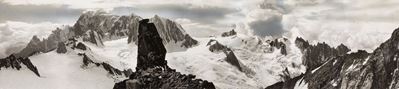 Veduta panoramica della catena del Monte Bianco, collage di 7 stampe vintage