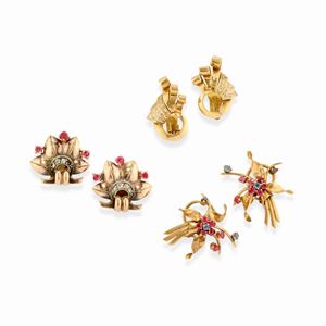 Three 18k and low carat gold, silver, diamond, ruby and sapphire pair of earrings