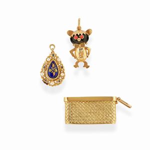 Three 18k yellow gold, cultured pearl, sapphire, stone and enamel pendants
