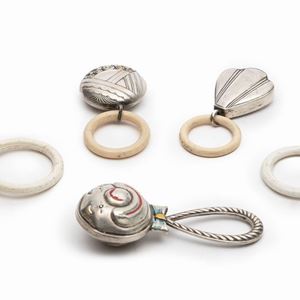 Five silver baby rattles, 20th Century, defects