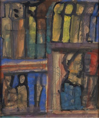 Composizione con figure, tempera, matita grassa e matita su carta