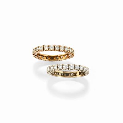 Due fedine, oro bicolore 18k con diamanti taglio brillante