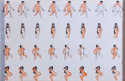 L’homme, la femme et les vêtements - cartella contenente 4 serigrafie ritoccate a mano e 5 collag...
