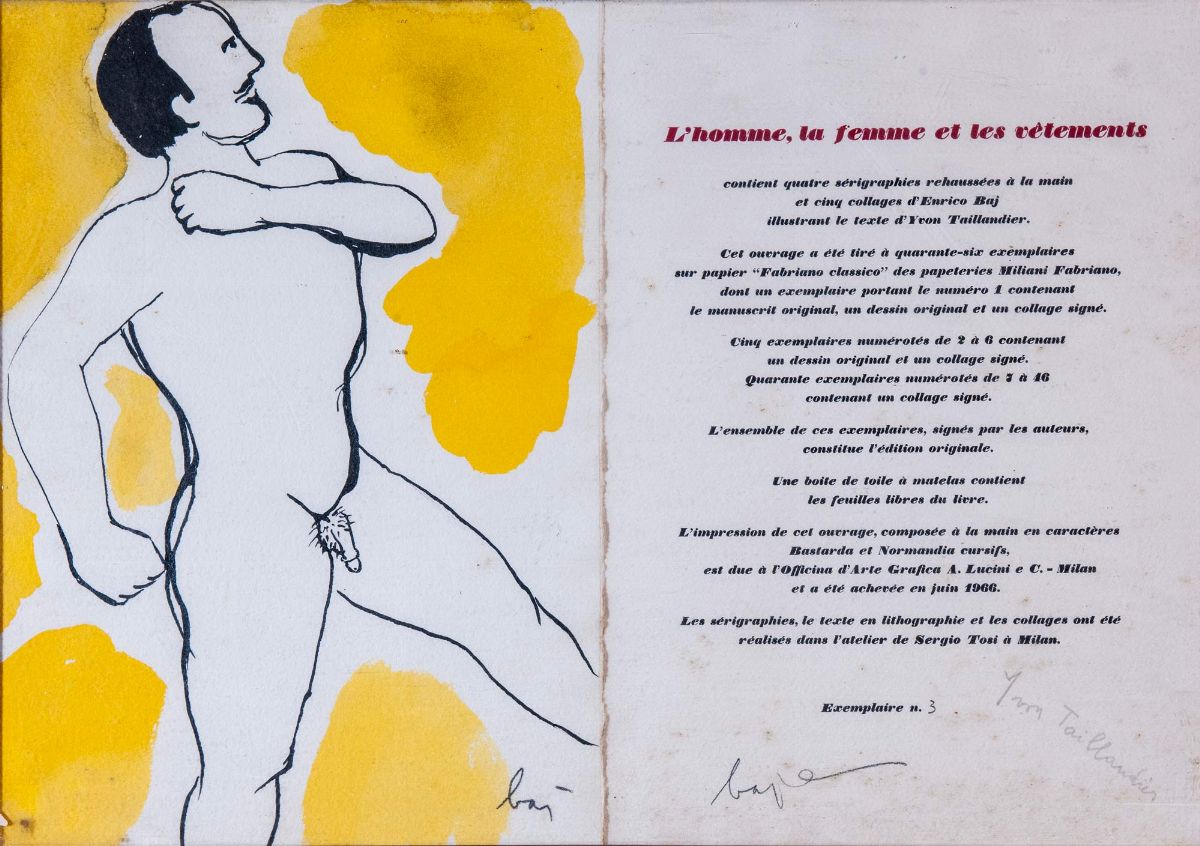Enrico Baj - L’homme, la femme et les vêtements - cartella contenente 4 serigrafie ritoccate a ma...