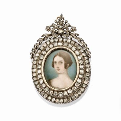 Pendente con miniatura femminile, argento e oro giallo 18k, XIX secolo