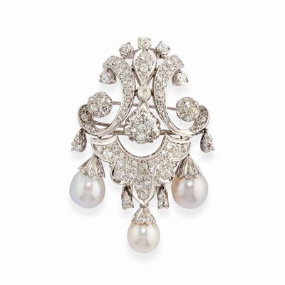 Spilla in oro bianco 18k con diamanti e perle coltivate