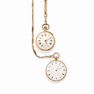 A 18k yellow gold, low-carat gold and enamel pocket watches with chains, defects