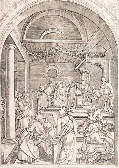 Dürer, Gesù dodicenne disputa nel tempio coi dottori, bulino su carta vergellata