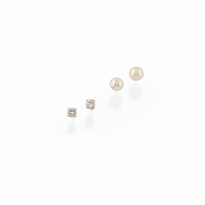 Two 18k two-color gold, diamond and cultured pearl pair of earrings