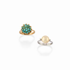 Two two-color gold, cultured pearl, turquoise and diamond rings