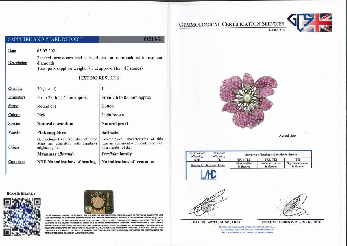 Spilla con perla naturale, zaffiri rosa e diamanti in argento e oro