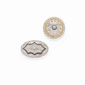 Two 18k two-color gold, diamond and enamel pendant-brooches