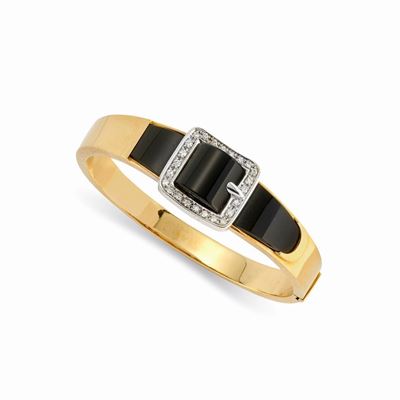 Bracciale in oro bicolore 18k con onice e diamanti taglio huit-huit