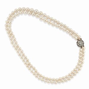 A silver, 18k yellow gold, cultured pearl and diamond necklace