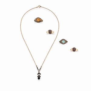 A 18k, 14k and 10k yellow gold, silver, diamond and stone lot of jewels