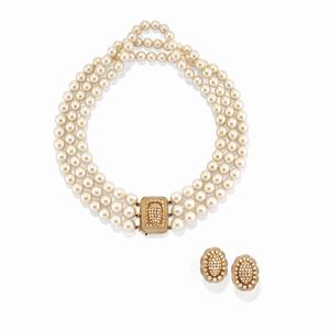 A 18k two-color gold, rock crystal, cultured pearl and diamond demi parure