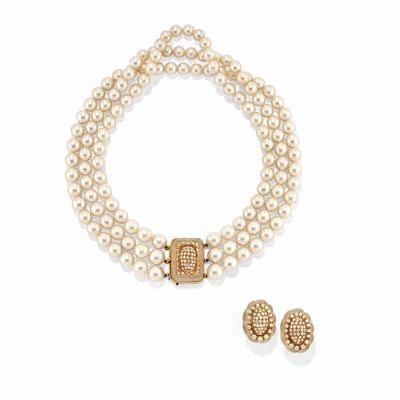 Demi parure in oro bicolore 18k con perle coltivate e cristallo di rocca