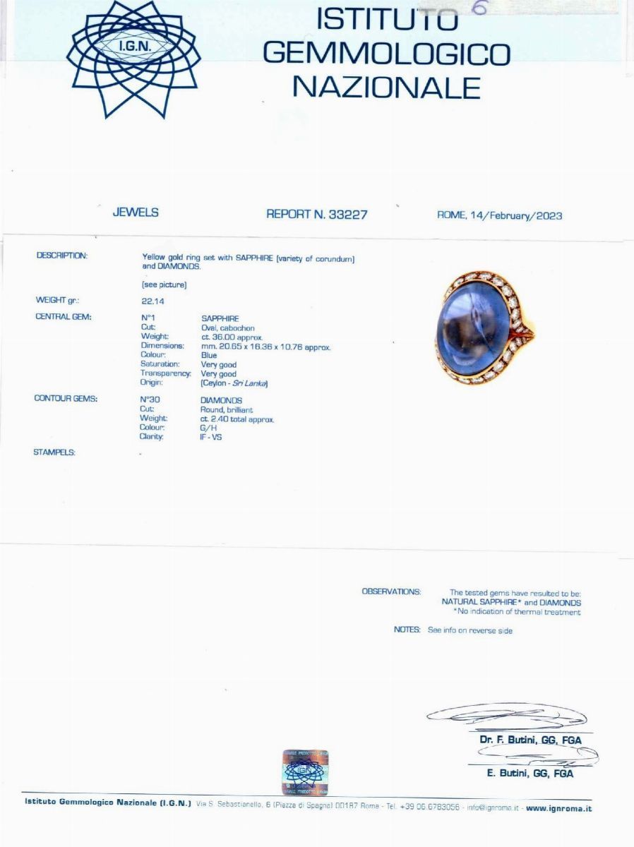 Importante anello in oro giallo 18k con zaffiro Ceylon e diamanti