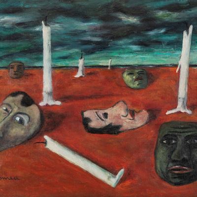 Senza titolo (Maschere), olio su cartone telato