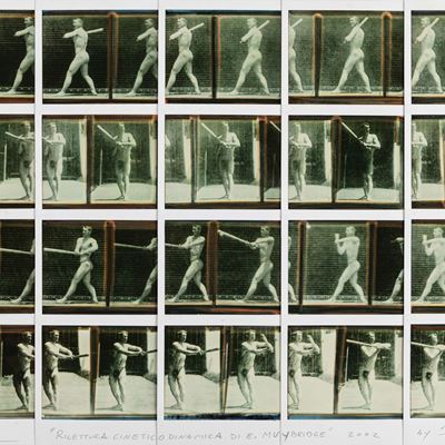 Rilettura cineticodinamica di E. Muybridge, 20 polaroid manipolate montate a mosaico