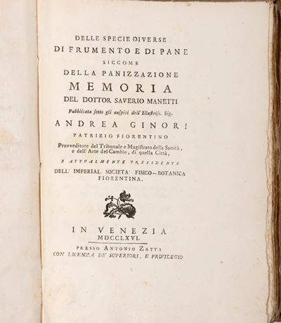 Delle specie diverse di frumento e di pane. Rara seconda edizione, 1766