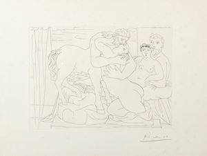 Sculpteur et son modèle avec un groupe sculpté répresentant un centaure embrassant une femme, Suite Vollard tav. 58