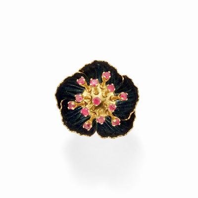 Anello a fiore in oro giallo 18k con rubini en-tremblant