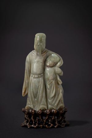 Scultura in giada raffigurante saggio con allievo. Cina, fine secolo XIX