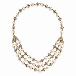 A 18k white gold, cultured pearl and diamond necklace