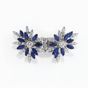 A 18K white gold, diamond and sapphire brooch-earrings, circa 1975