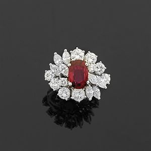 A 18K white gold, diamond and ruby ring, circa 1970
