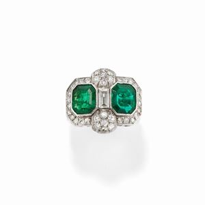 A platinum, emerald and diamond ring, circa 1930, with certificate
