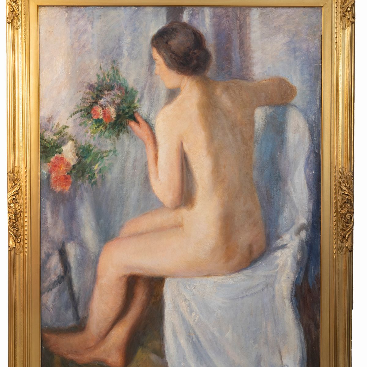 Scuola Italiana Inizi del XX Secolo - Nudo Femminile con Mazzo di Fiori