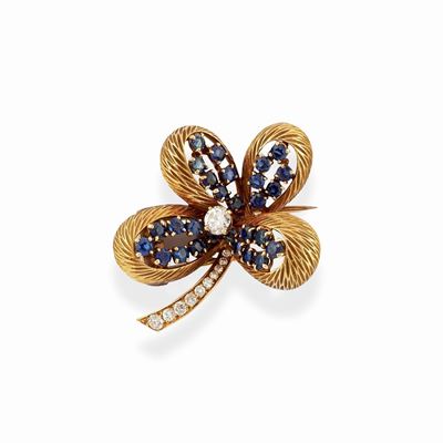 Spilla a quadrifoglio in oro giallo 18k con diamante e zaffiri