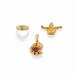 A 18k yellow gold, red stone and diamond lot of jewels, defects